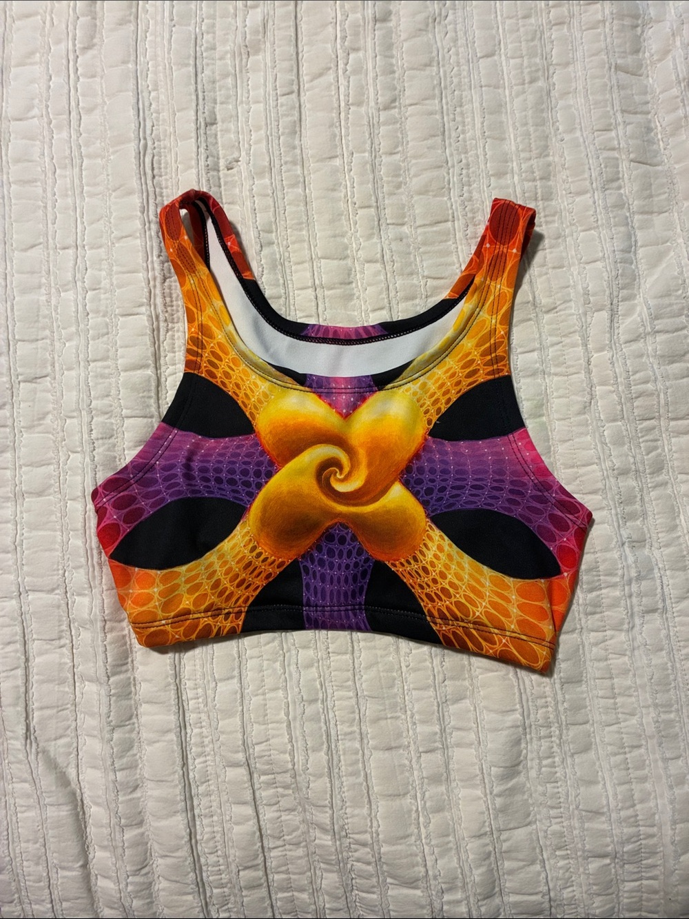 Vibrant Swirl Print Sports Bra - Bright Orange, Purple, Black